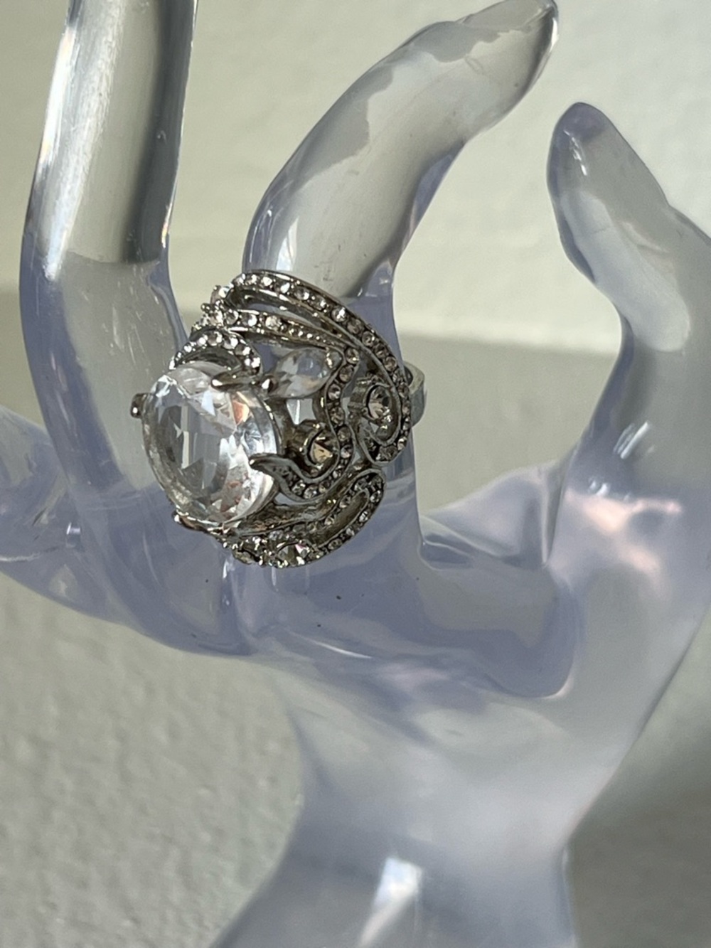 Banana Republic Silver-Tone Clear Crystal Filigree Statement Ring